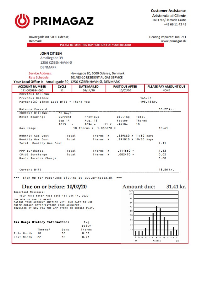 Denmark Primagaz Denmark gas utility bill template in Word and PDF format